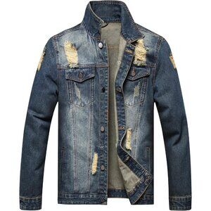 Men's Jean Jacket Distressed Slim Denim Jacket Long Sleeves Button Down Blue2803